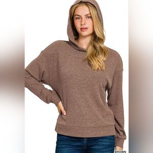Zenana Ribbed Long Sleeve Hoodie in Brown size Medium